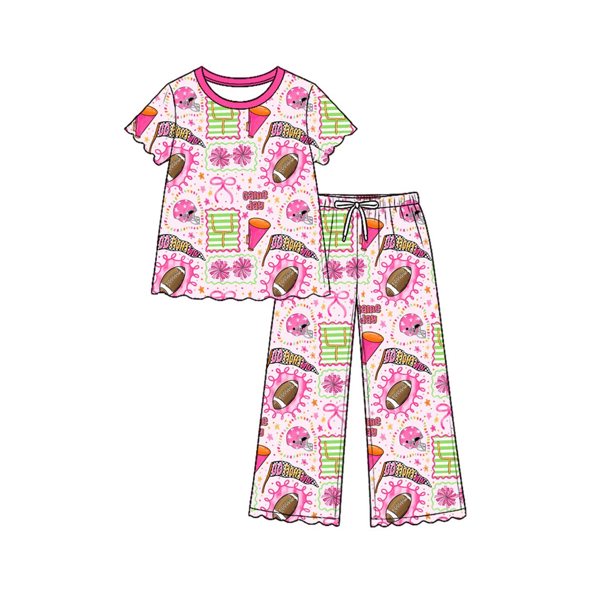 (Custom Design Preorder MOQ 5 Each) Pink Bows Cheer Print Girls Short Sleeve Top Pants Clothes Set Sisters Wear