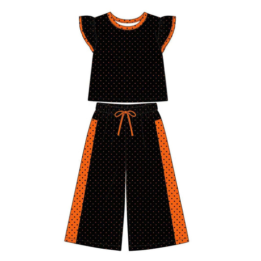 (Custom Design Preorder MOQ 5) Teams Black Orange Top Dots Straight Pants Girls Clothes Set