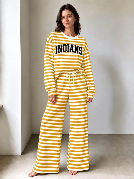 Preorder (5 MOQ) Indians Yellow Striped Long Sleeve Top Logo Pockets Pants Girls & Woman Clothes Set
