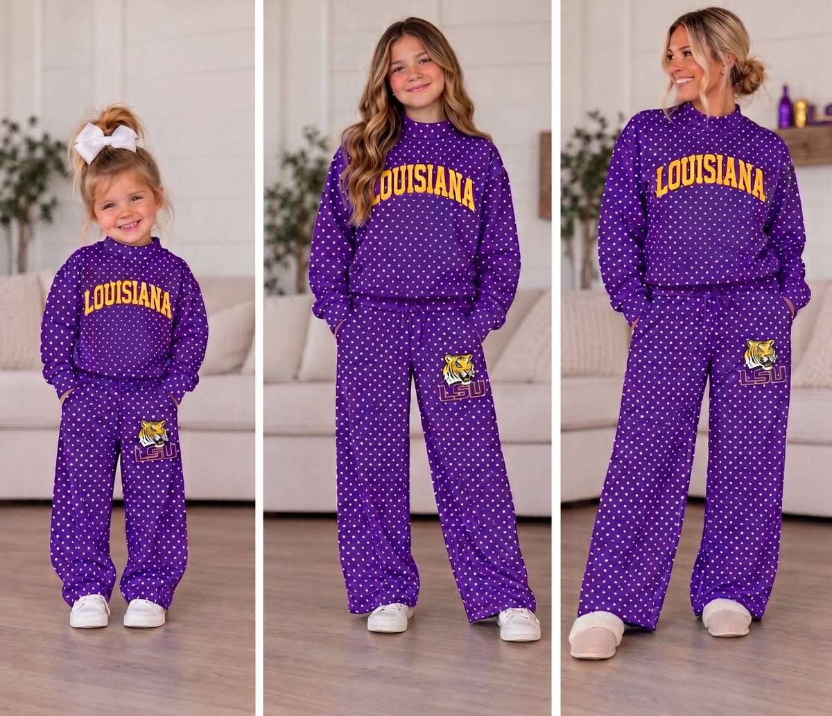 (Custom Design Preorder MOQ 5 Each) Teams Louisiana Polka Dots Mock Necks Purple Top LSU Logo Pockets Pants Girls & Woman Clothes Set