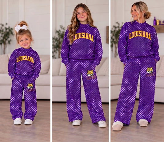 (Custom Design Preorder MOQ 5 Each) Teams Louisiana Polka Dots Mock Necks Purple Top LSU Logo Pockets Pants Girls & Woman Clothes Set