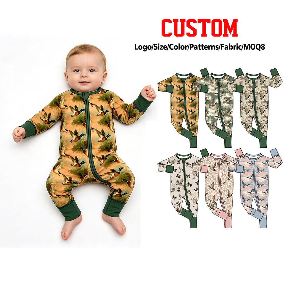 (Custom Design Preorder MOQ 5 ) Mallard Duck Print Baby Fall Zipper Sleeper Romper Sibling Wear