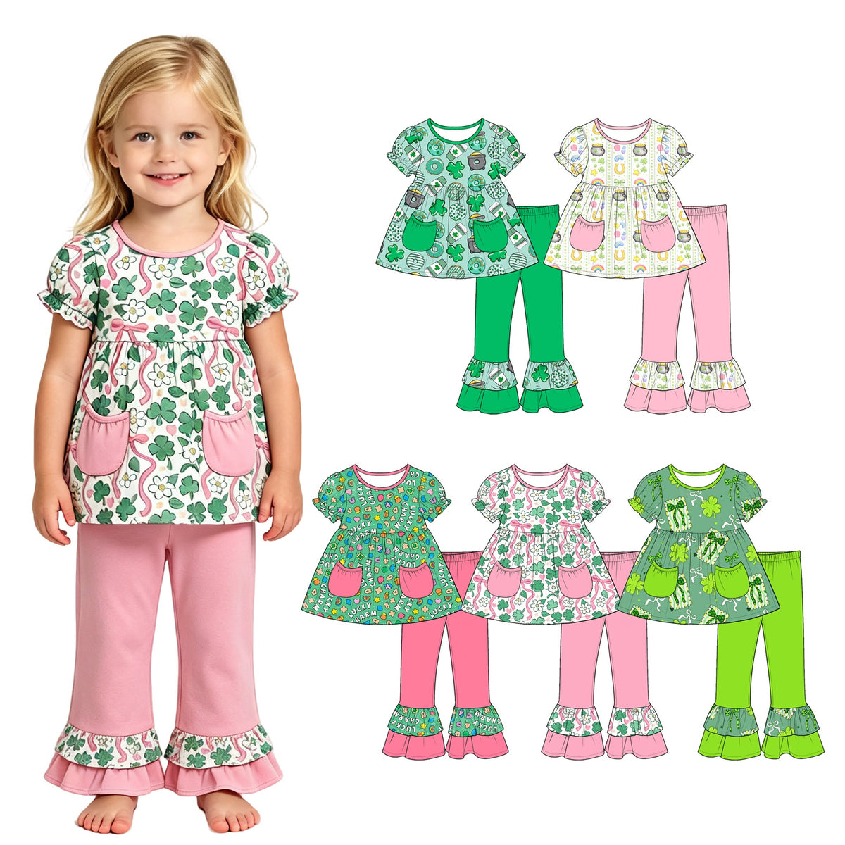 (Custom Design Preorder MOQ 5) 4 Leaf Clover Bows Pockets Tunic Top Ruffle Pants Girls St Patrick Day Clothes Set Sisters Wear