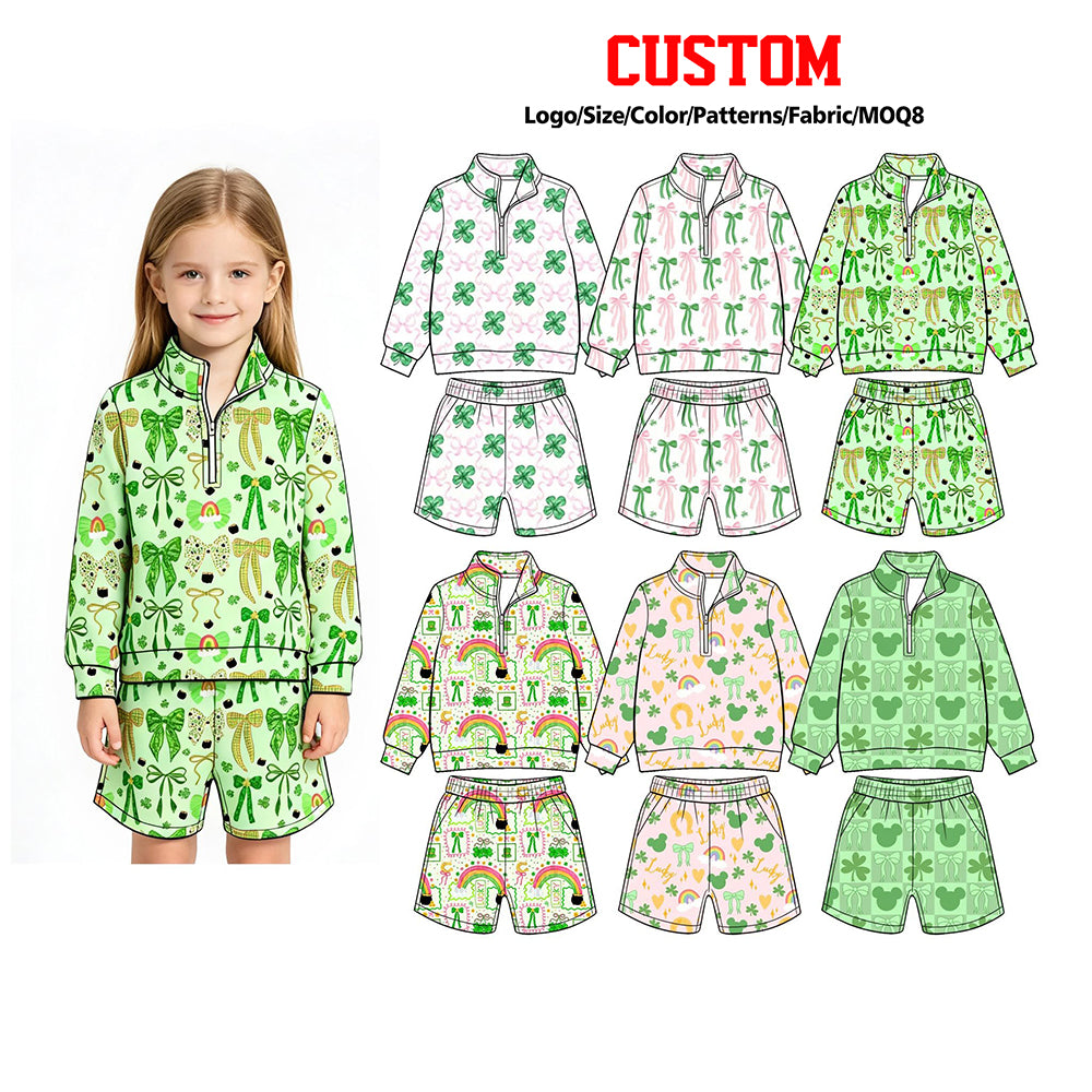 (Custom Design Preorder MOQ 5 Each) Rainbow Bows Print Long Sleeve Zipper Top Shorts Girls St Patrick Day Clothes Set Sisters Wear