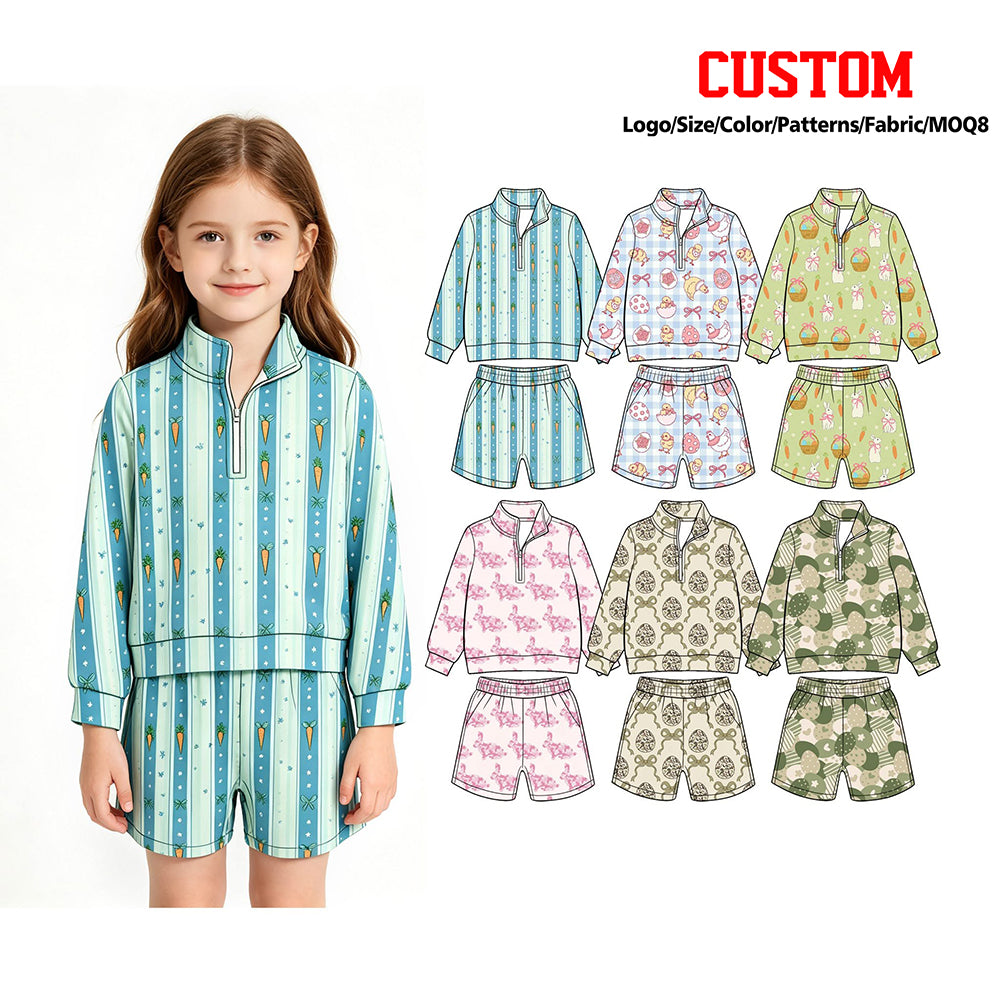 (Custom Design Preorder MOQ 5 Each) Eggs Bunny Print Long Sleeve Zipper Top Shorts Girls Easter Clothes Set Sisters Wear