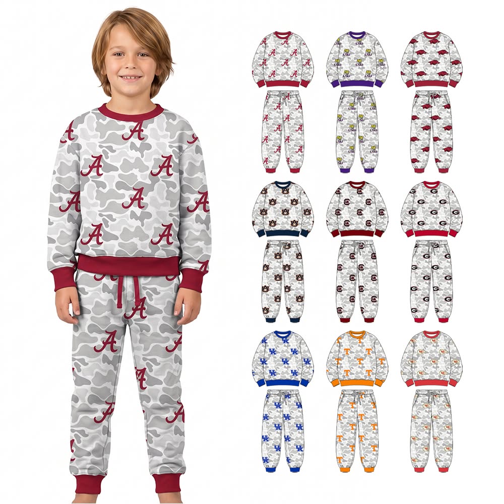 (Custom Design Preorder MOQ 5 Each)Teams Logo Camo Print Long Sleeve Top Pockets Pants Boys Clothes Set Brothers Wear