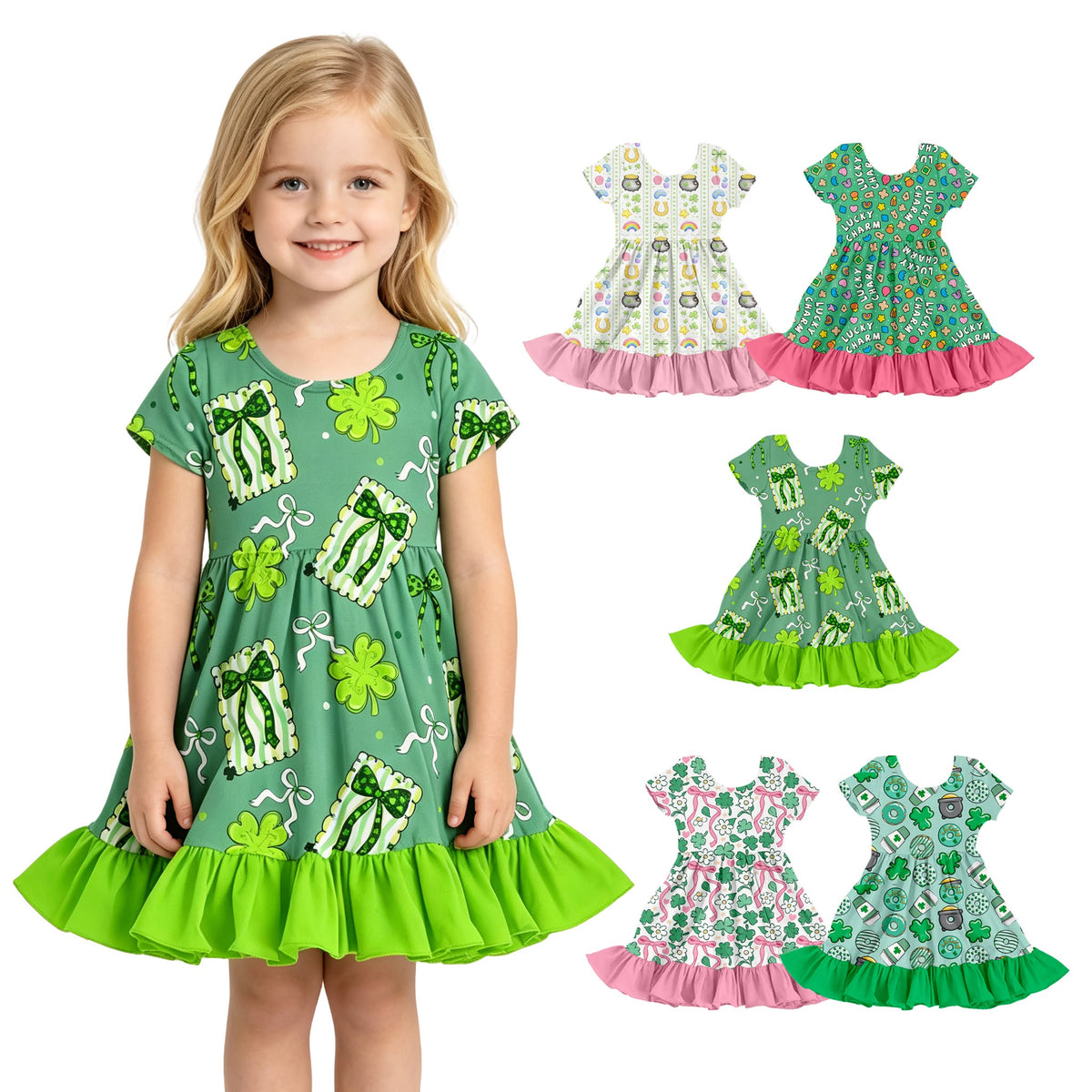 (Custom Design Preorder MOQ 5) 4 Leaf Clover Bows Print Girls Knee Length Ruffle Dress Sisters Wear