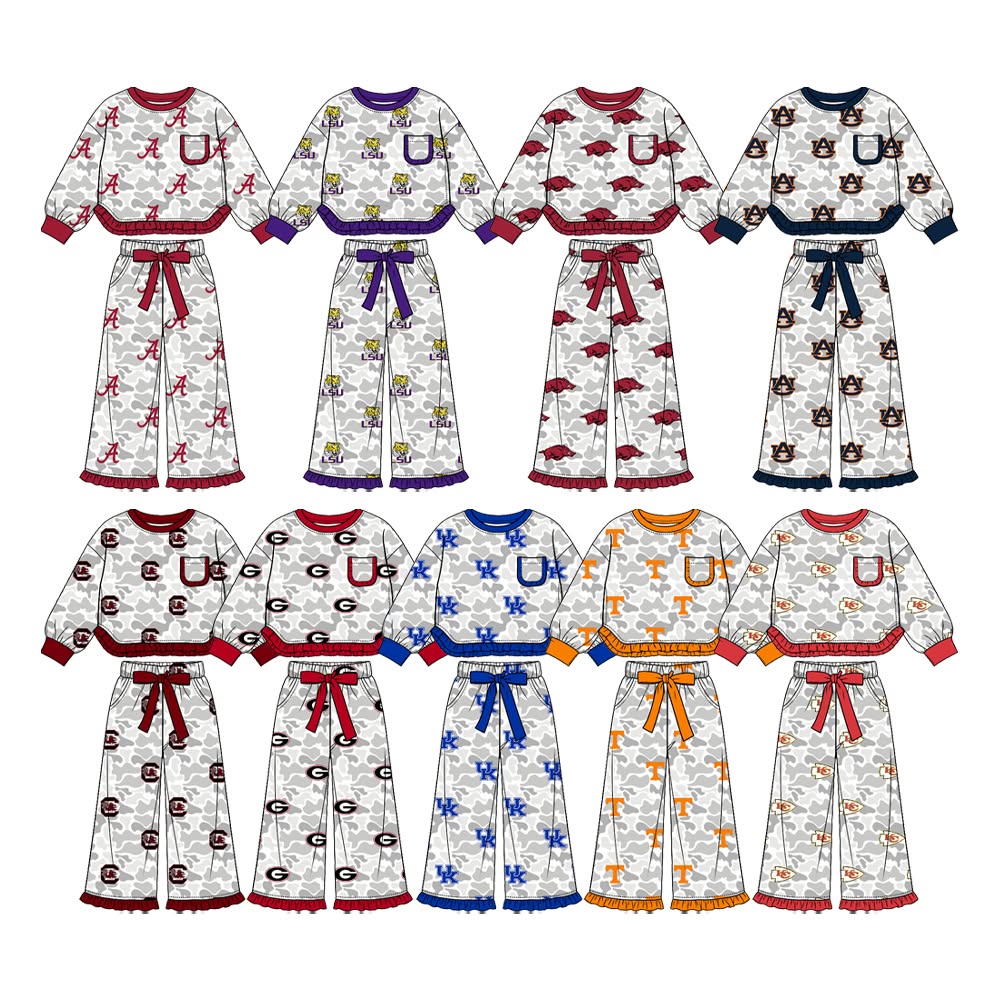 (Custom Design Preorder MOQ 5 Each)Teams Logo Camo Print Long Sleeve Top Pockets Pants Girls Clothes Set Sisters Wear