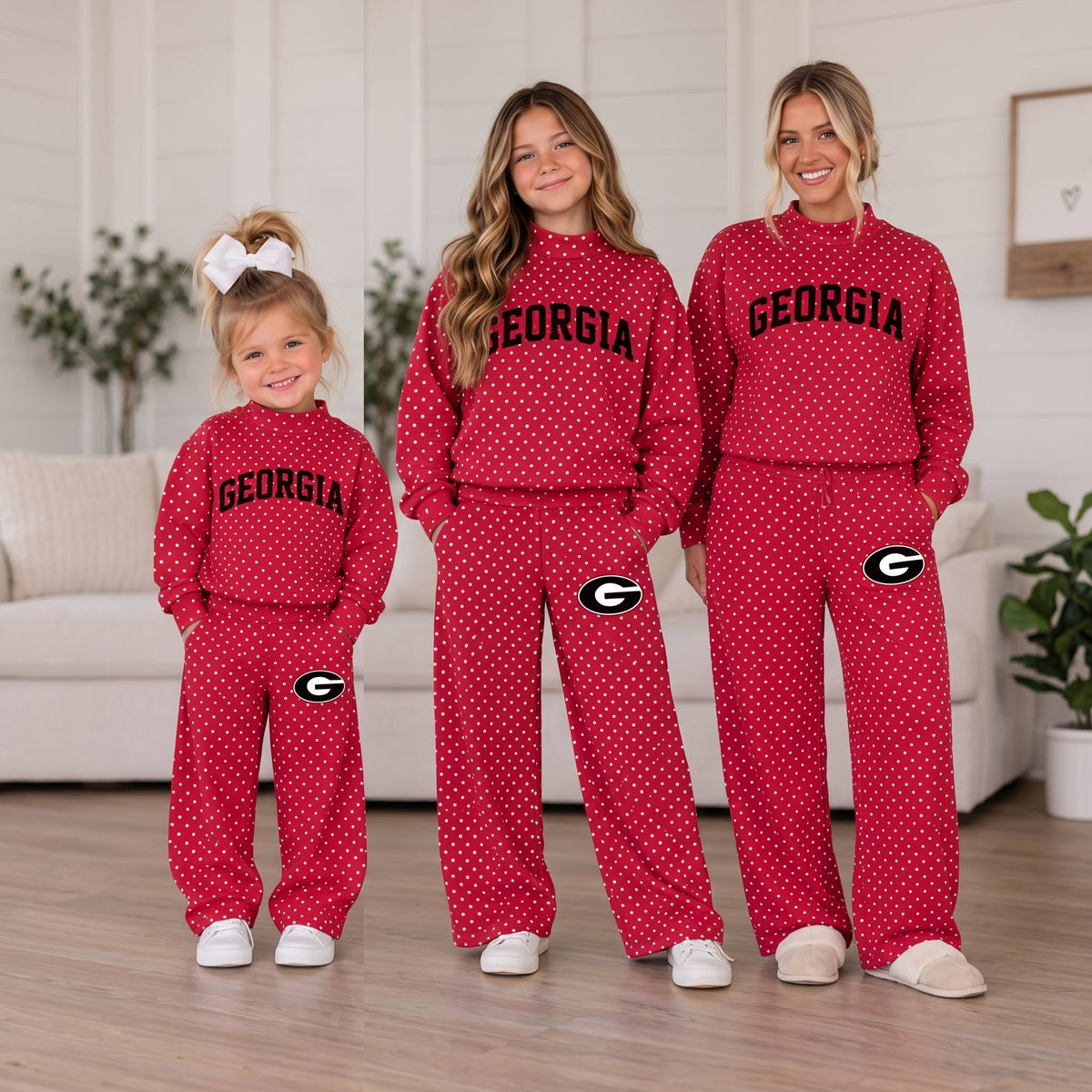 (Custom Design Preorder MOQ 5 Each) Teams GEORGIA Polka Dots Mock Necks Red Top G Logo Pockets Pants Girls & Woman Clothes Set