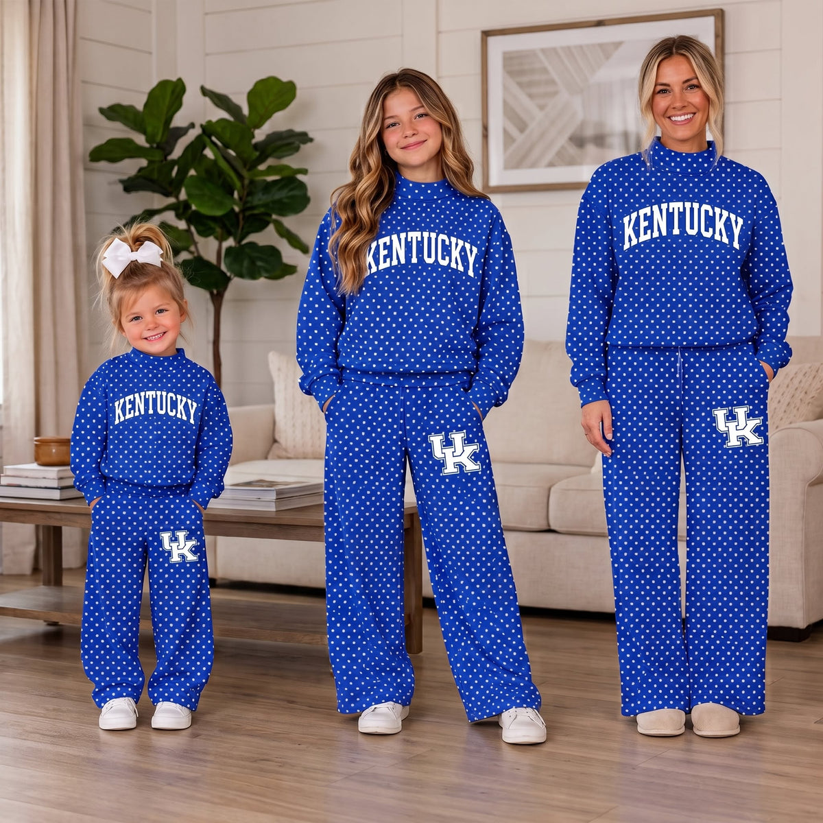 (Custom Design Preorder MOQ 5 Each) Teams KENTUCKY Polka Dots Mock Necks Blue Top UK Logo Pockets Pants Girls & Woman Clothes Set