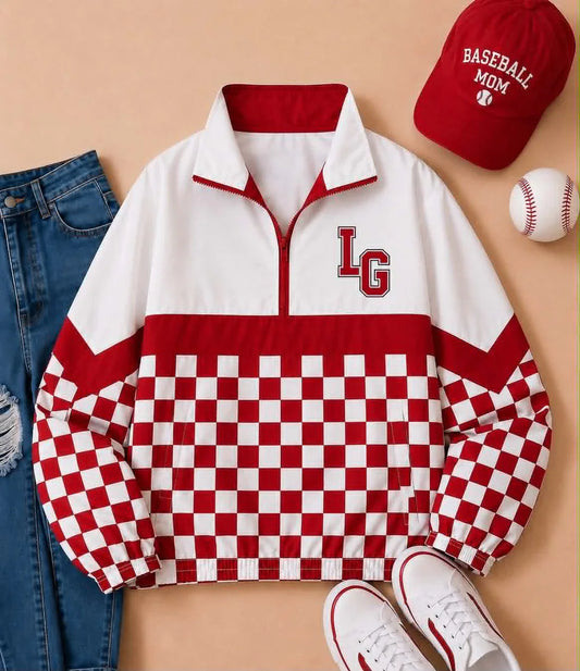 (Custom  Preorder MOQ 5) Baby Boys Long Sleeve Red Checked LG Team Zip Pullovers Tops
