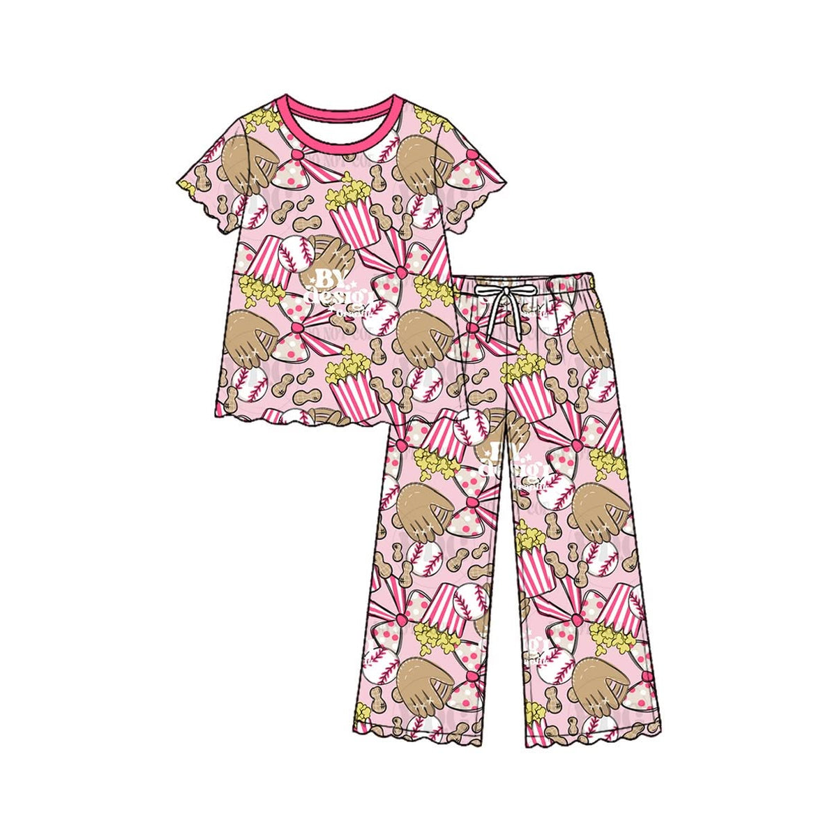 (Custom Design Preorder MOQ 5 Each) Pink Bows Cheer Print Girls Short Sleeve Top Pants Clothes Set Sisters Wear