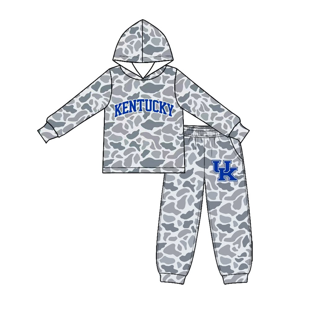(Custom Design Preorder MOQ 5 Each) Grey Camo Teams Logo Print Hoodie Top Joggers Pants Boys Clothes Set Brothers Wear
