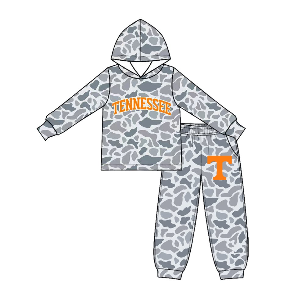 (Custom Design Preorder MOQ 5 Each) Grey Camo Teams Logo Print Hoodie Top Joggers Pants Boys Clothes Set Brothers Wear