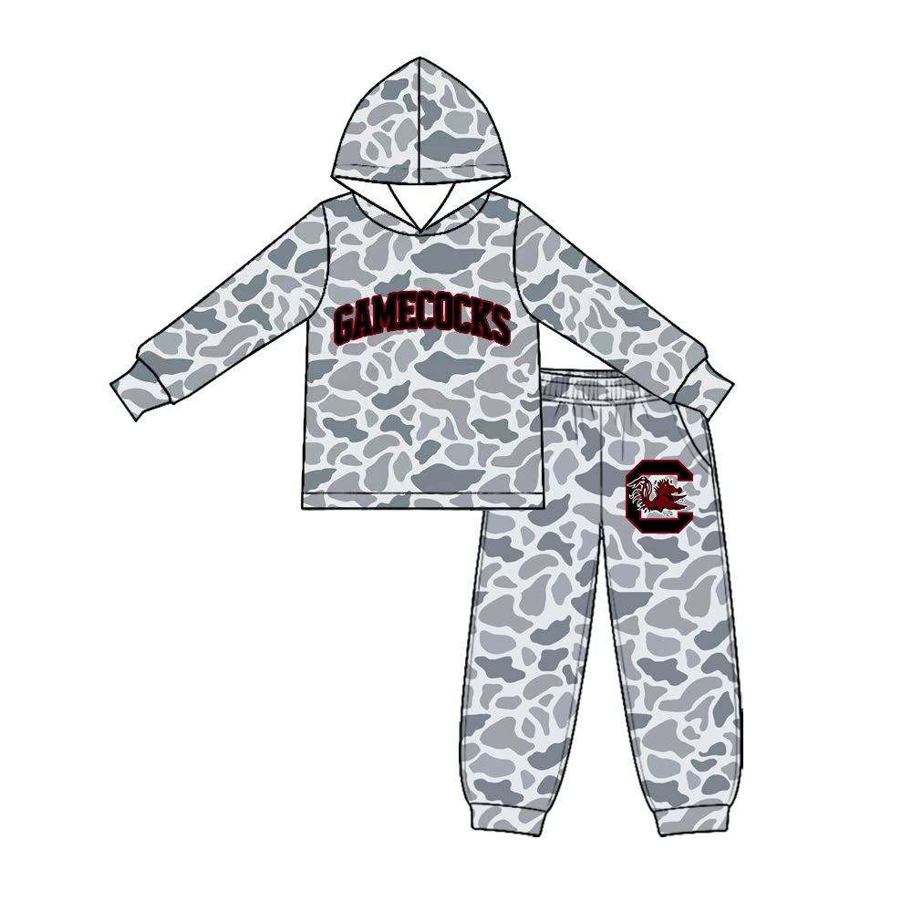 (Custom Design Preorder MOQ 5 Each) Grey Camo Teams Logo Print Hoodie Top Joggers Pants Boys Clothes Set Brothers Wear