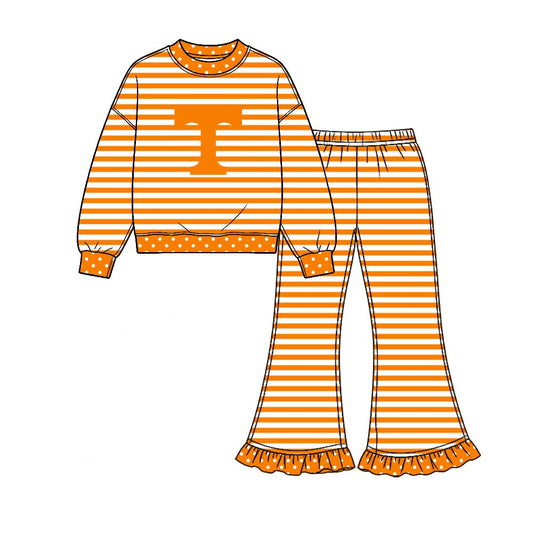 Preorder( 5  MOQ) Baby Girls Sport Team Tennessee  Orange Striped Long Sleeve Top Bell Bottom Pants Outfit