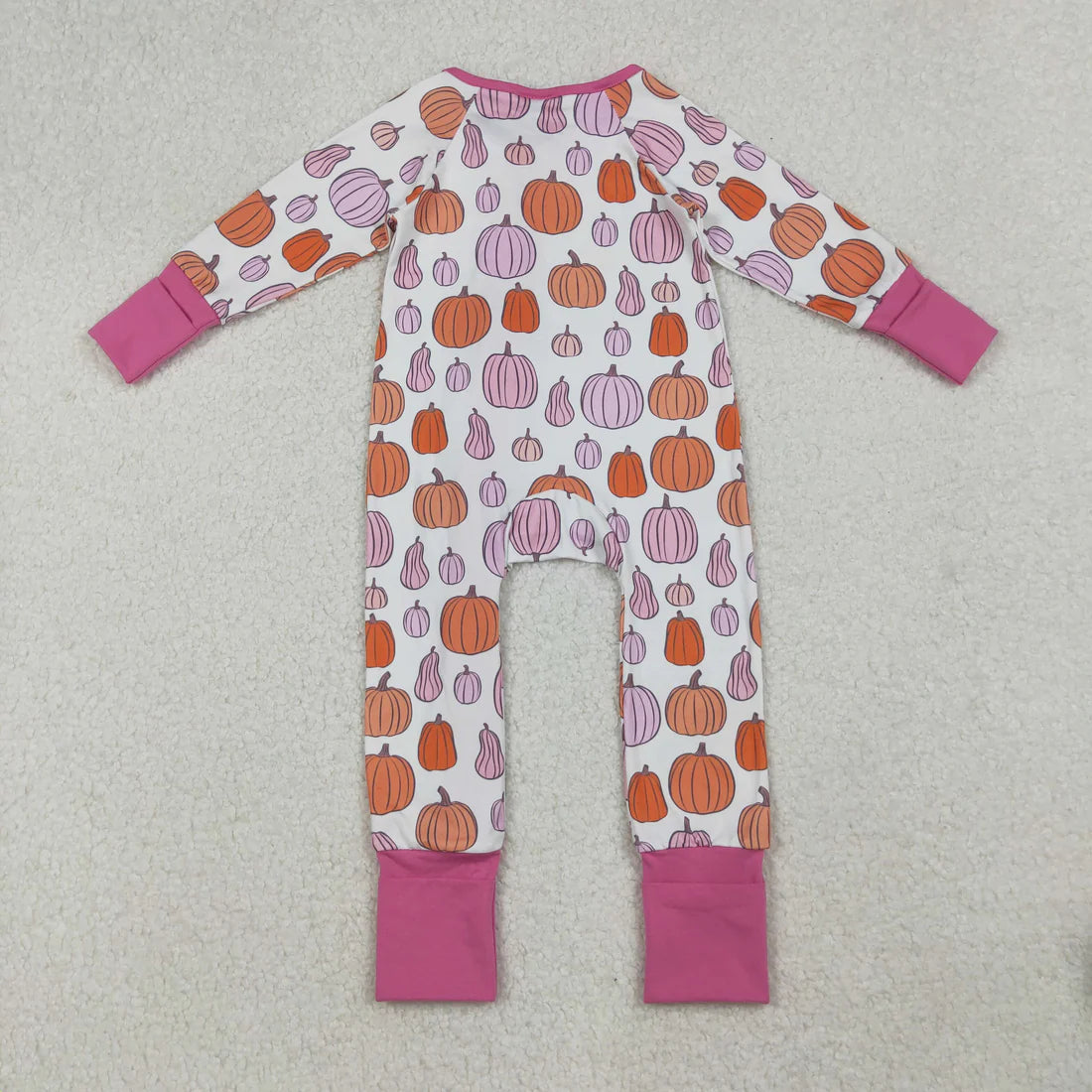Sibling Baby Girls Pink Pumpkins Fall Pajamas Sets Ruffle Zipper Footie Rompers