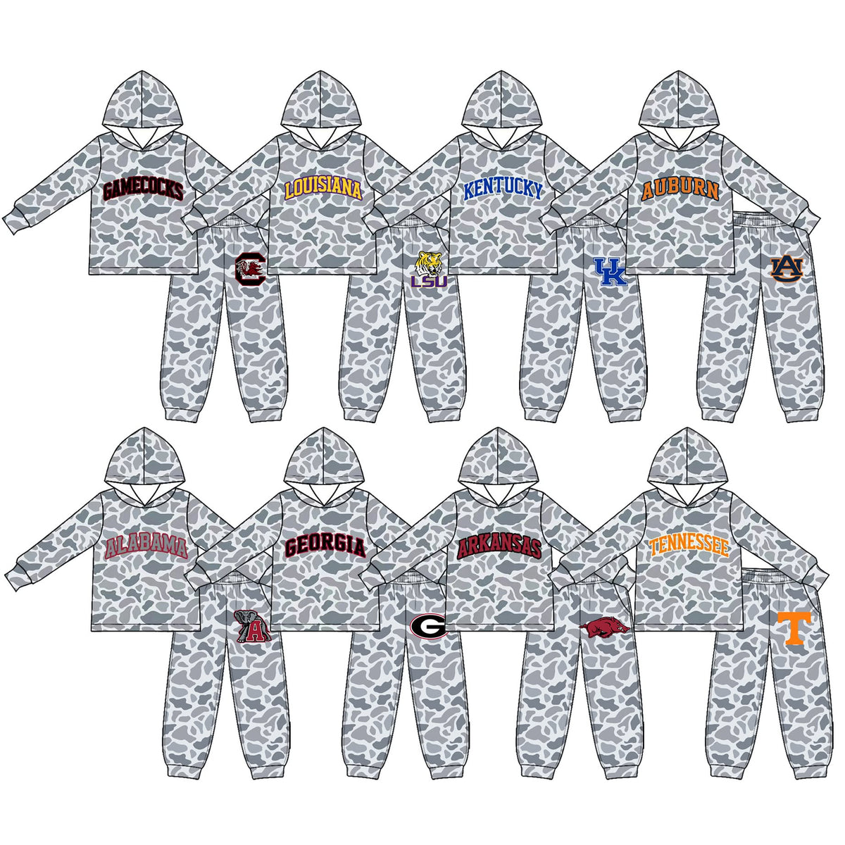 (Custom Design Preorder MOQ 5 Each) Grey Camo Teams Logo Print Hoodie Top Joggers Pants Boys Clothes Set Brothers Wear