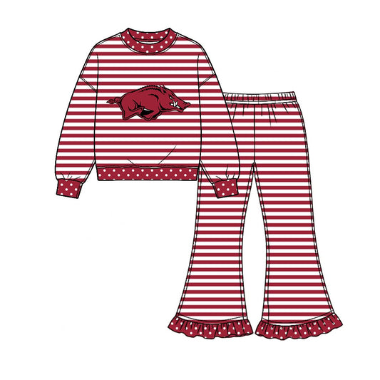 Preorder( 5  MOQ) BabyBoys Sport Team  Arkansas  Striped Long Sleeve Top Bell Bottom Pants Outfit