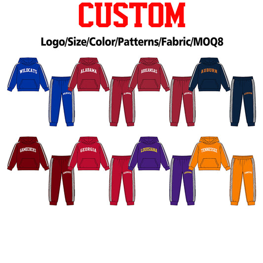 (Custom Design Preorder MOQ 5 Each) Teams Logo Print Hoodie Top Joggers Pants Kids Pockets Clothes Set Sibling Wear