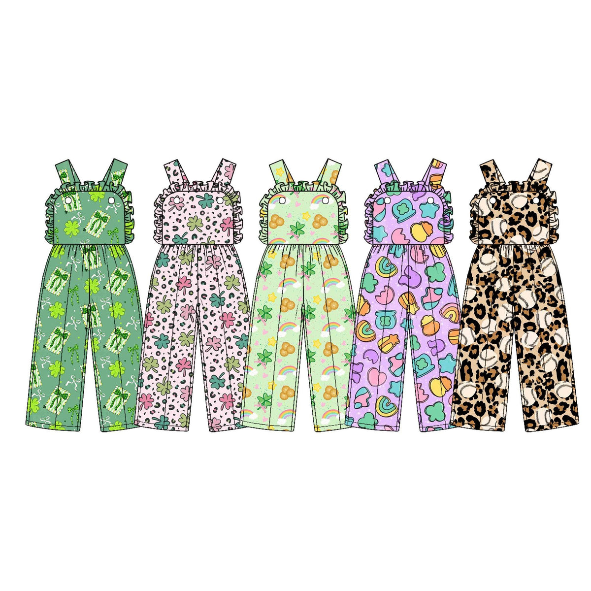 (Custom Design Preorder MOQ 5) Rainbow Bows Print Baby Girls Strap Jumpsuits St Patrick Day Overall Styles Sisters Wear