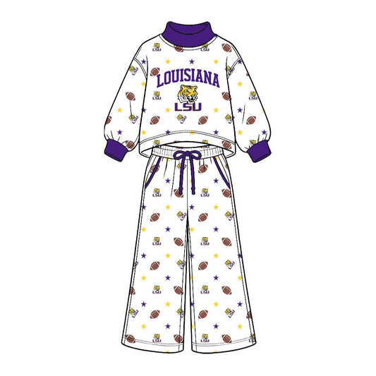 Preorder( 5  MOQ) BabyBoys Sport Team LSU Long Sleeve Mock Neck Top Wide Leg Pants Outfit