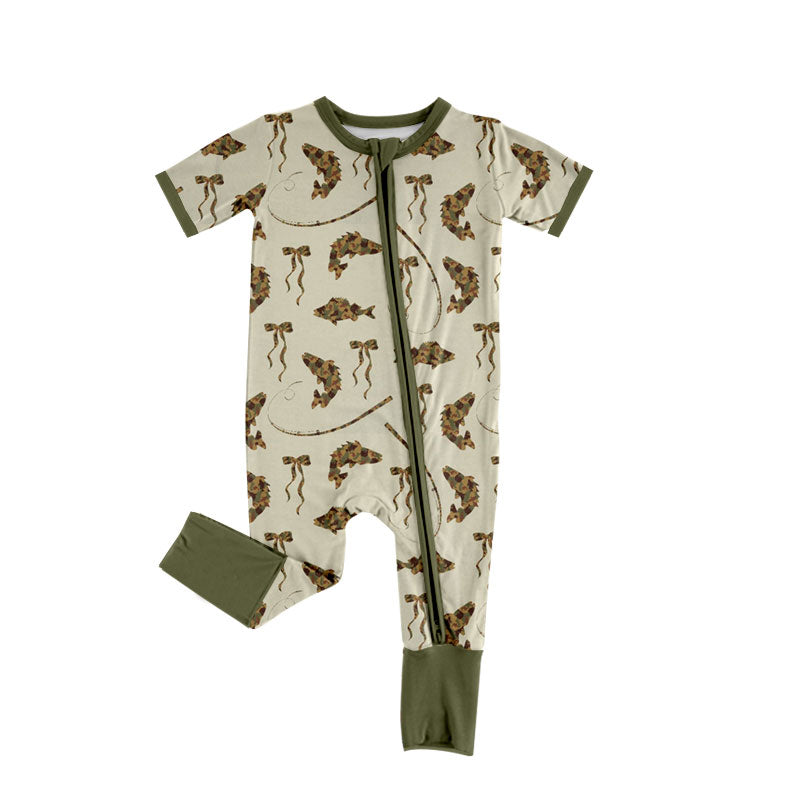 (Custom Design Preorder MOQ 5 ) Fish Deer Camo Print Baby Fall Zipper Sleeper Romper Sibling Wear