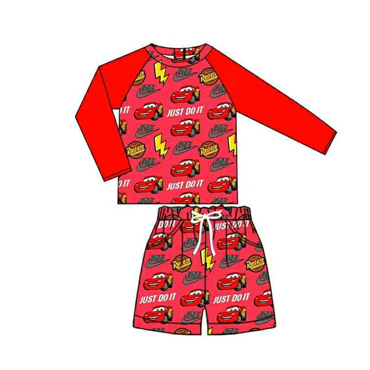 (Custom Design Preorder MOQ 5) Just Do It Cartoon Car Red Boys Swimsuits