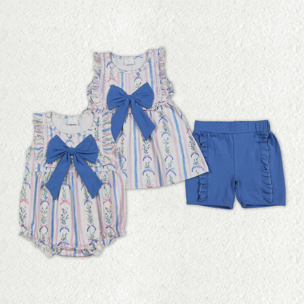 Sibling Bows Baby Girls Flowers Bows Stripes Tunic Ruffle Shorts Clothes Ruffle Rompers