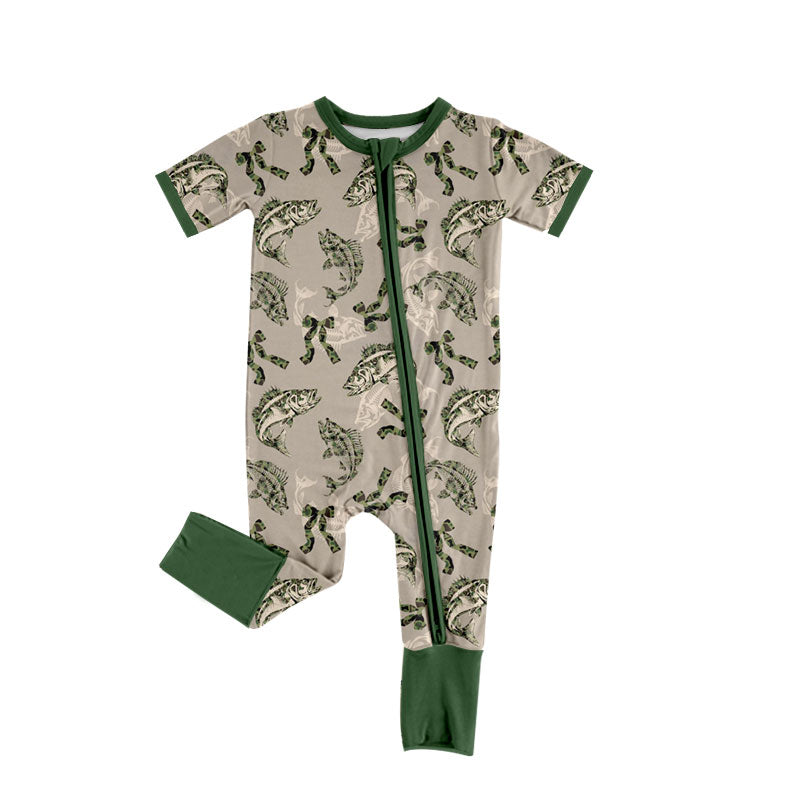 (Custom Design Preorder MOQ 5 ) Fish Deer Camo Print Baby Fall Zipper Sleeper Romper Sibling Wear