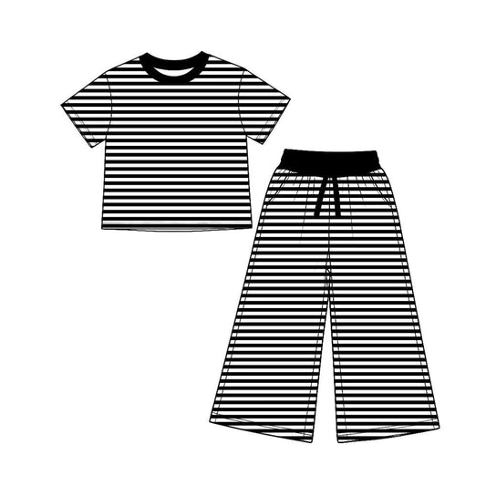 Preorder (5 MOQ) Black Striped Top Pockets Pants Girls & Woman Clothes Set