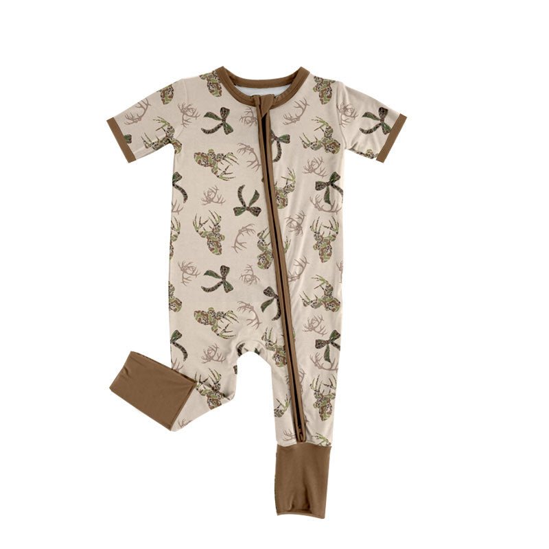 (Custom Design Preorder MOQ 5 ) Fish Deer Camo Print Baby Fall Zipper Sleeper Romper Sibling Wear