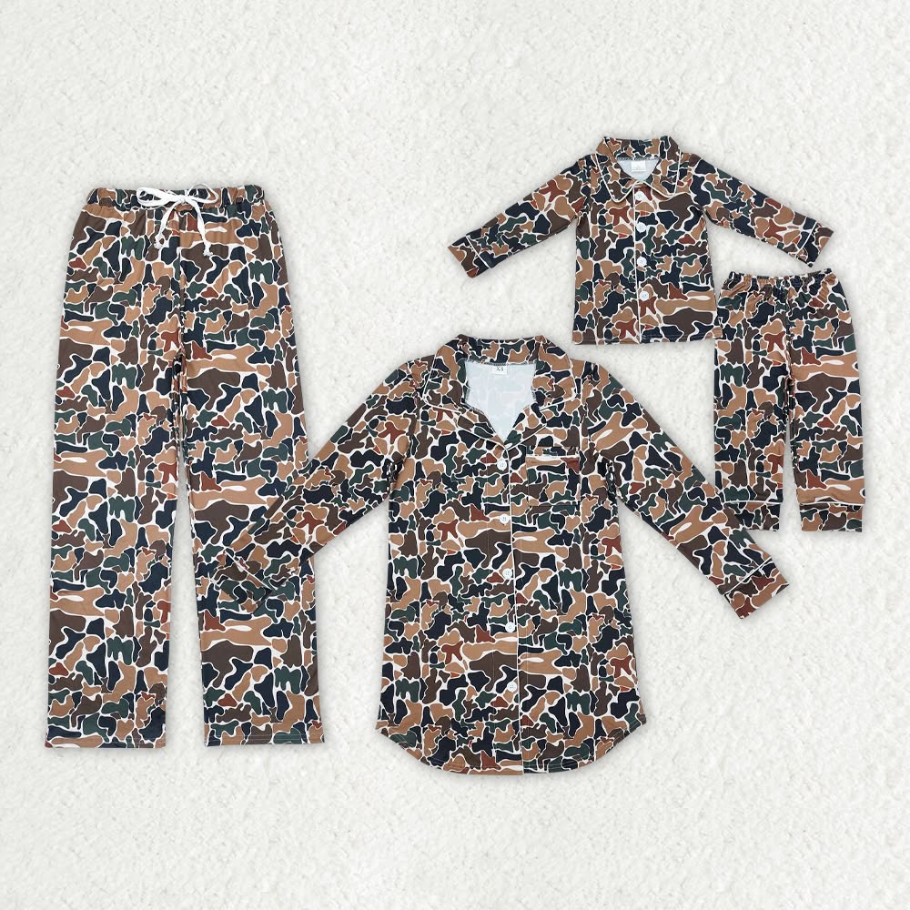 Brown Camo Print Family Buttons Pajamas Styles