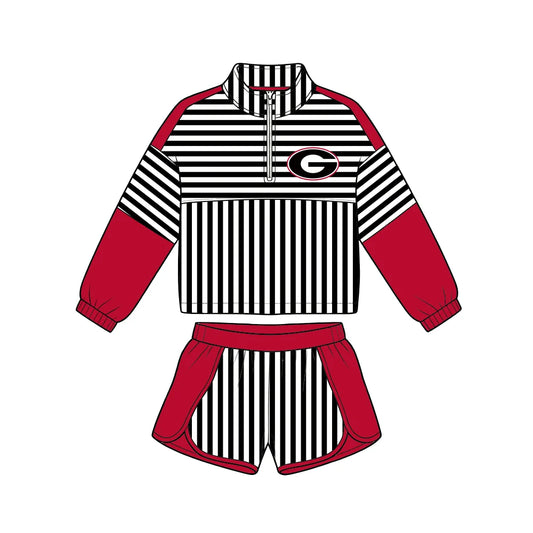 (Custom Design Preorder MOQ 5) Baby Girls Black Stripe Georgia Zip Pullovers Short Team Clothes Set