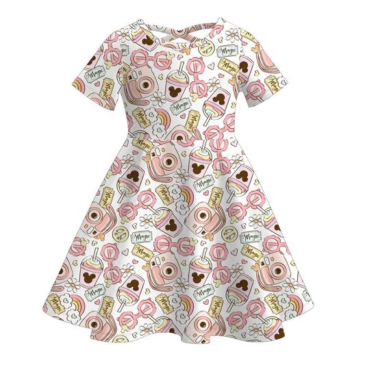 (Custom Design Preorder MOQ 5) Cartoon Mouse Flowers Girls Short Sleeve Dress