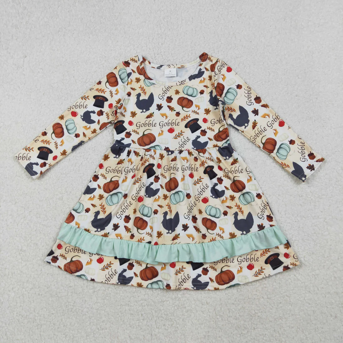 Baby GirlsThanksgiving Gobble Pumpkin Turkey Long Sleeve Dress