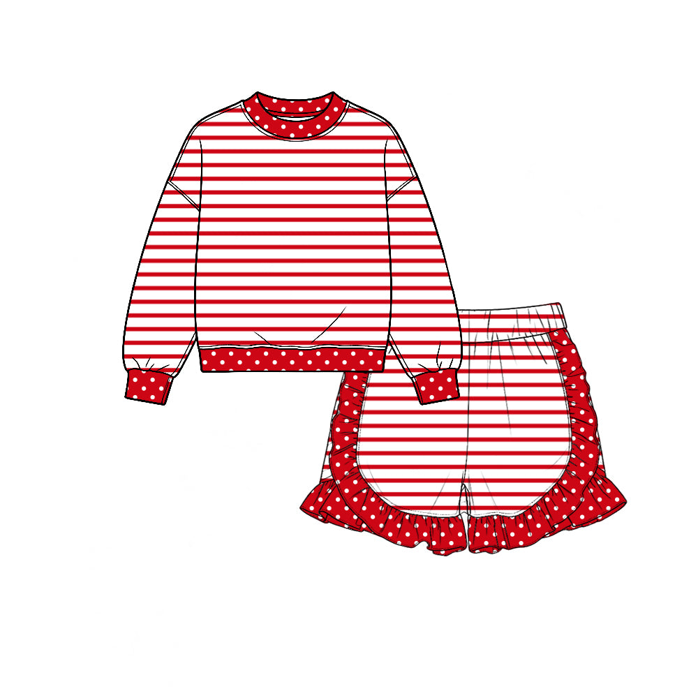 (Custom Design Preorder MOQ 5 Each) Stripes Long Sleeve Top Ruffle Shorts Girls Clothes Set Sisters Wear