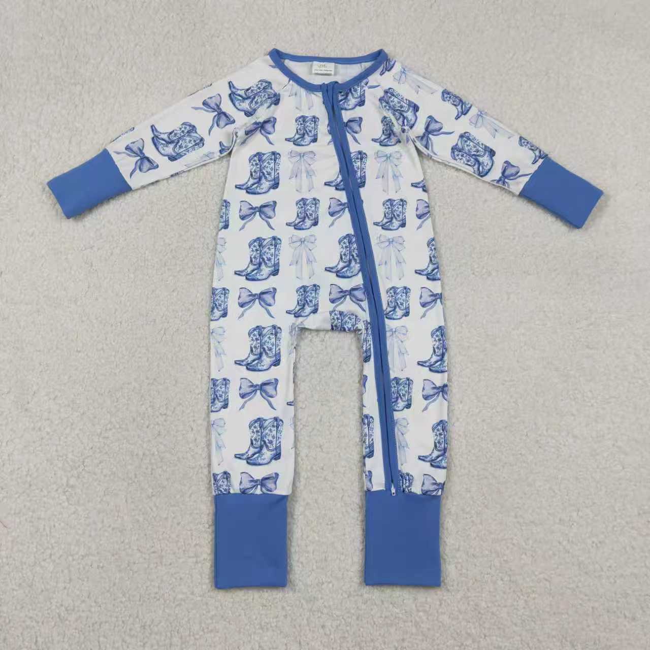 Sibling Baby Girls Blue Bows Pants Top Pants Western Pajamas Set Zipper Rompers