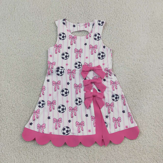 GSD4100 Soccer Pink Bows Stripes Girls Summer Scallop Knee Length Yoga Dress