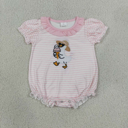 SR4101 Ice Cream Gooses Embroidery Pink Stripe Baby Girls Ruffle Romper