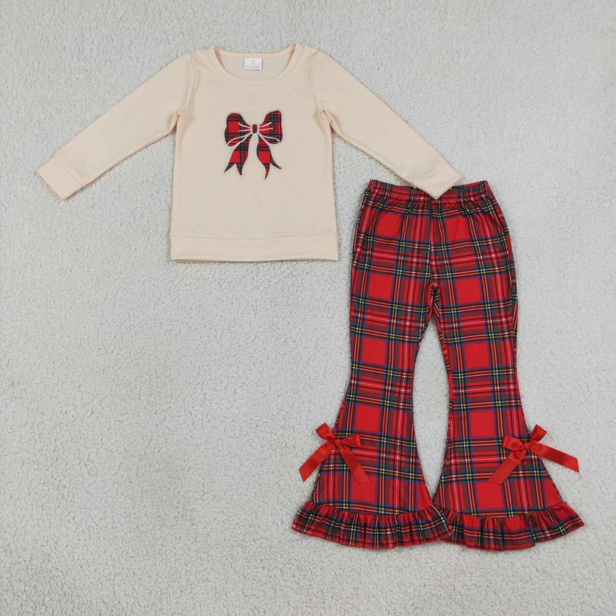 GLP3547 Bow Embroidery Top Red Checkered Bell Pants Girls Christmas Clothes Set