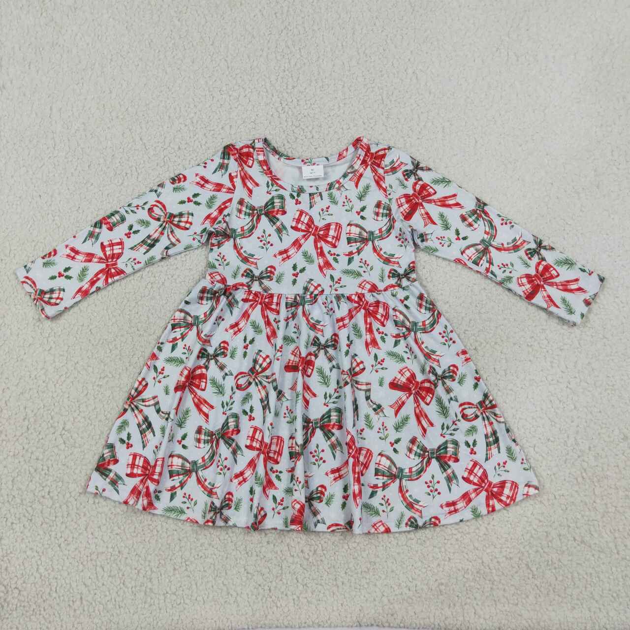 GLD1709 Bows Holly Print Baby Girls Christmas Long Sleeve Dress