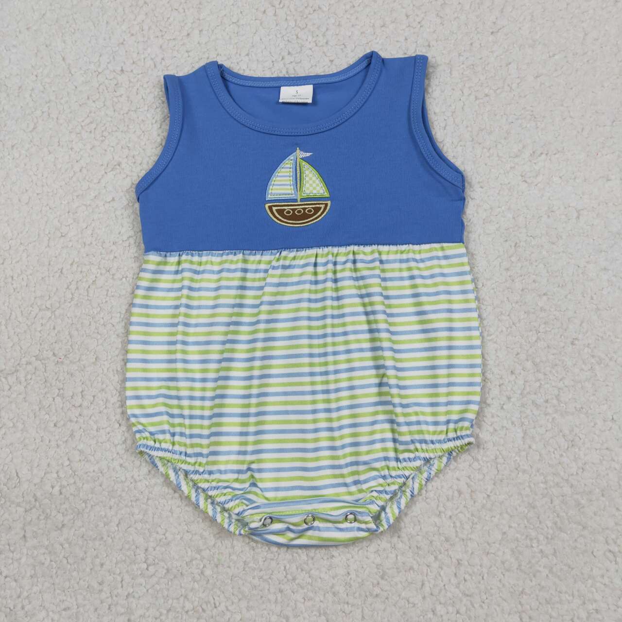 Sailboat Embroidery Stripes Print Baby Boys Sleeveless Bubble Romper