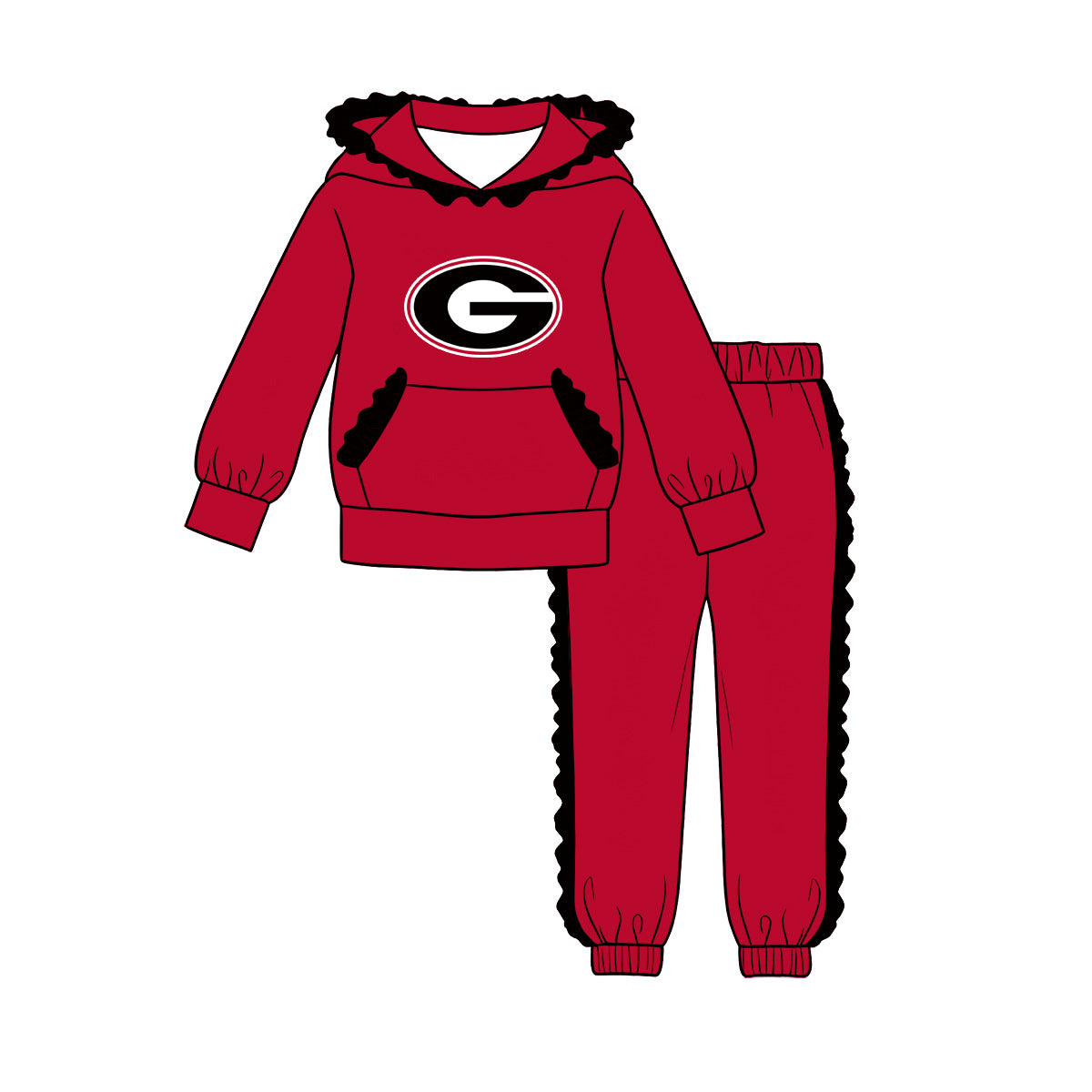 (Custom Design Preorder MOQ 5 Each)Teams Logo Print Long Sleeve Hoodie Top Pants Girls Ruffles Clothes Set Sisters Wear