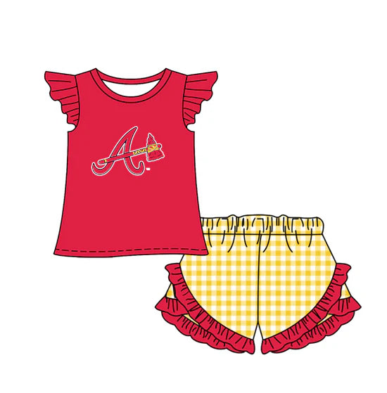 (Custom  Preorder MOQ 5) Baby Girls Atlanta Braves Top Checked Ruffle Short Team Outfit
