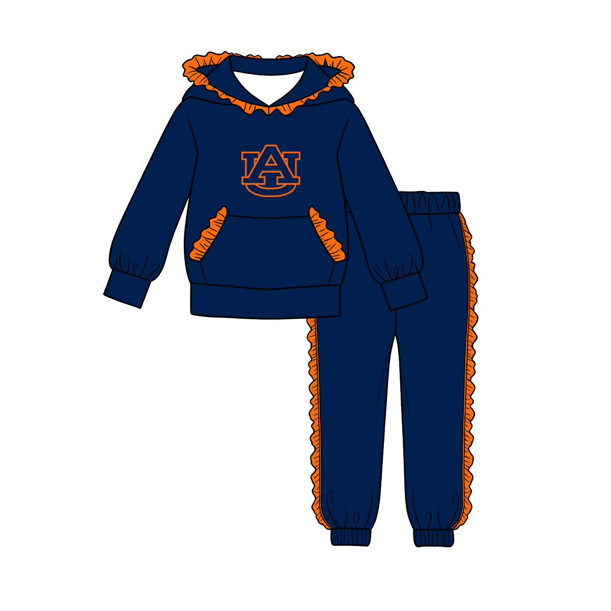 (Custom Design Preorder MOQ 5 Each)Teams Logo Print Long Sleeve Hoodie Top Pants Girls Ruffles Clothes Set Sisters Wear