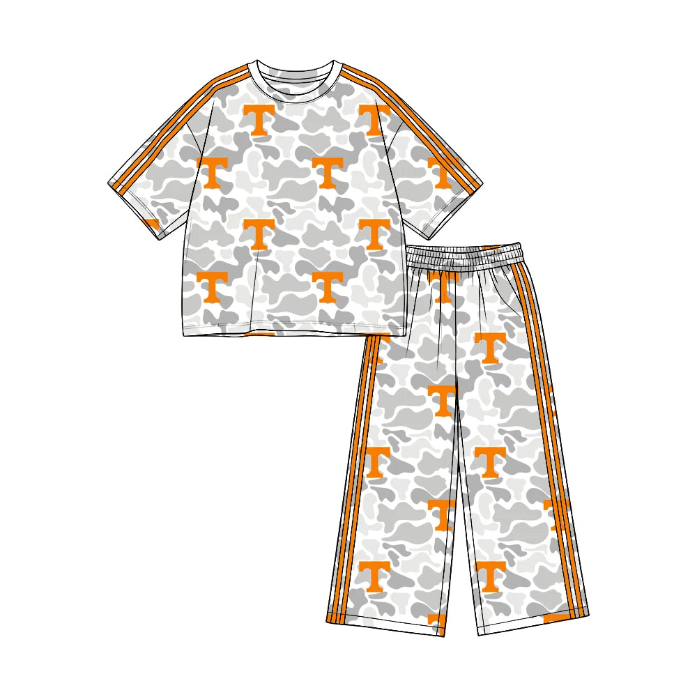 (Custom Design Preorder MOQ 5) Teams Tennessee Grey Camo Print Straight Pants Girls Clothes Set