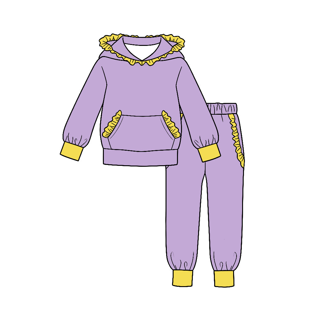 (Custom Design Preorder MOQ 5) Purple Cotton Yellow Ruffles Hoodie Top Pockets Joggers Pants Girls Clothes Set