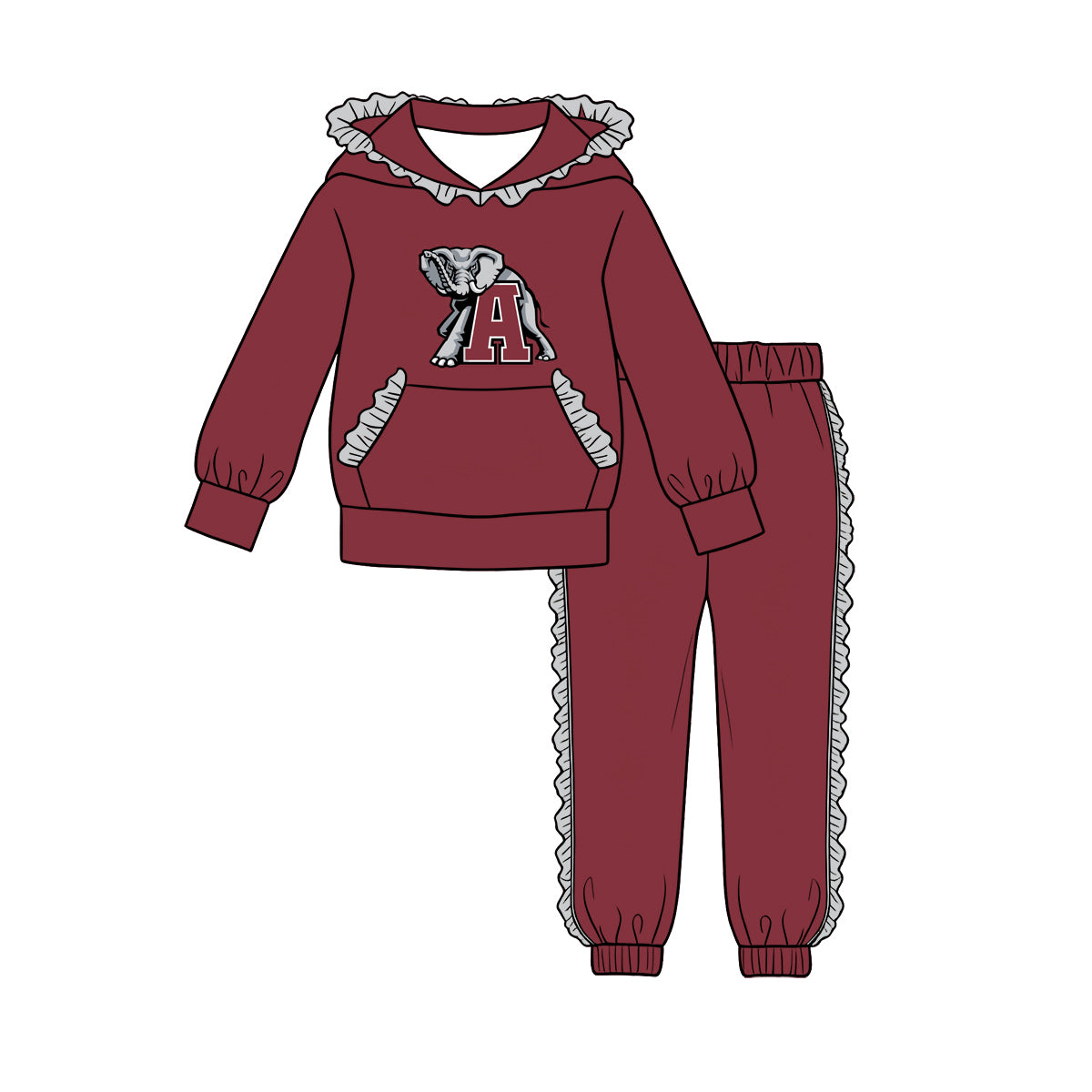 (Custom Design Preorder MOQ 5 Each)Teams Logo Print Long Sleeve Hoodie Top Pants Girls Ruffles Clothes Set Sisters Wear