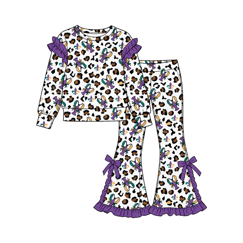 (Custom Design Preorder MOQ 5 Each) Crayfish Leopard Print Girls Mardi Gras Clothes Set Sisters Wear
